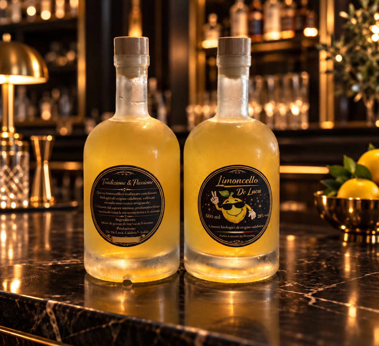Neue Limoncello De Luca Flaschen mit Vorder- und Ruecketikett